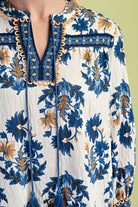Blue & Mustard Floral Fall Print 3/4 Sleeve Blouse