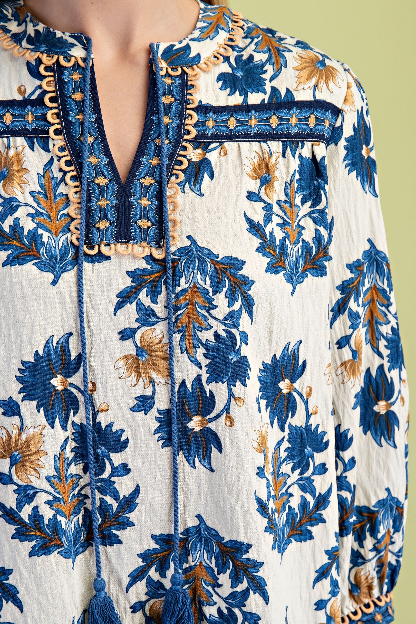 Blue & Mustard Floral Fall Print 3/4 Sleeve Blouse