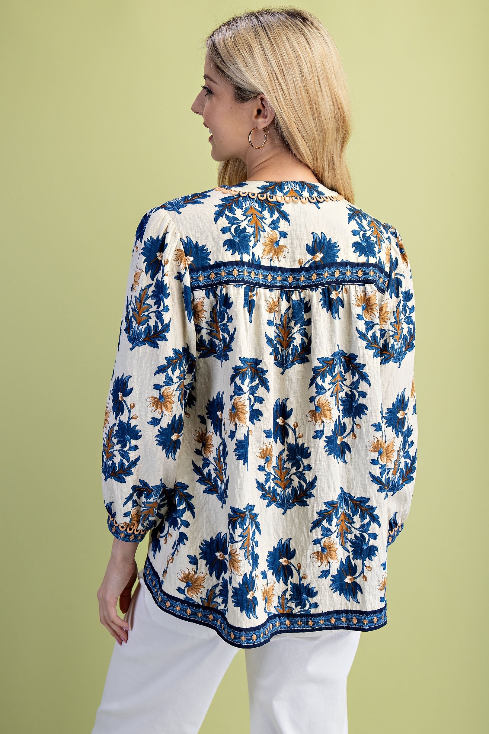 Blue & Mustard Floral Fall Print 3/4 Sleeve Blouse