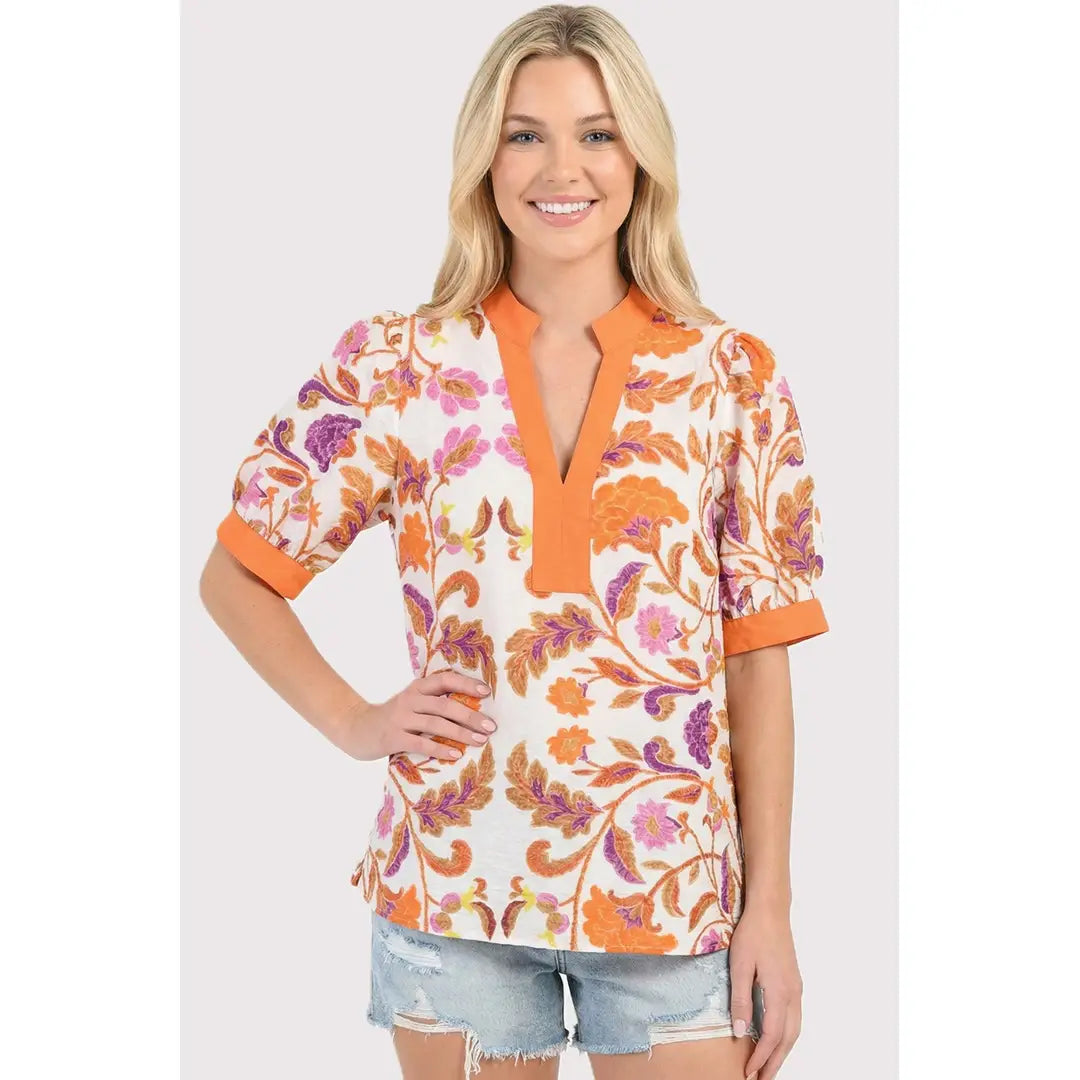 Orange & Purple Puff Sleeve Blouse