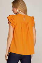Orange Pleated Flutter-Sleeve Blouse