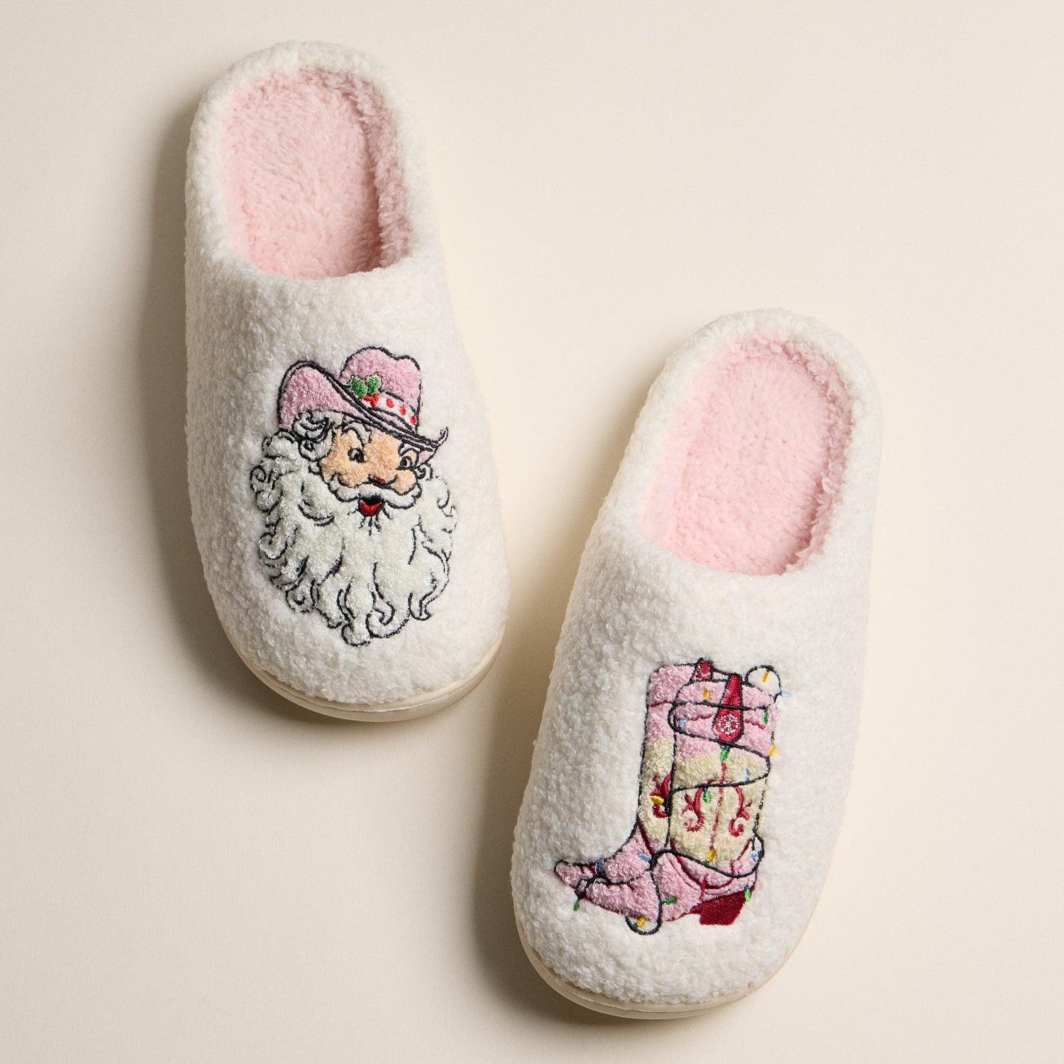 White slippers with pink Christmas Cowboy boots & Cowboy Santa