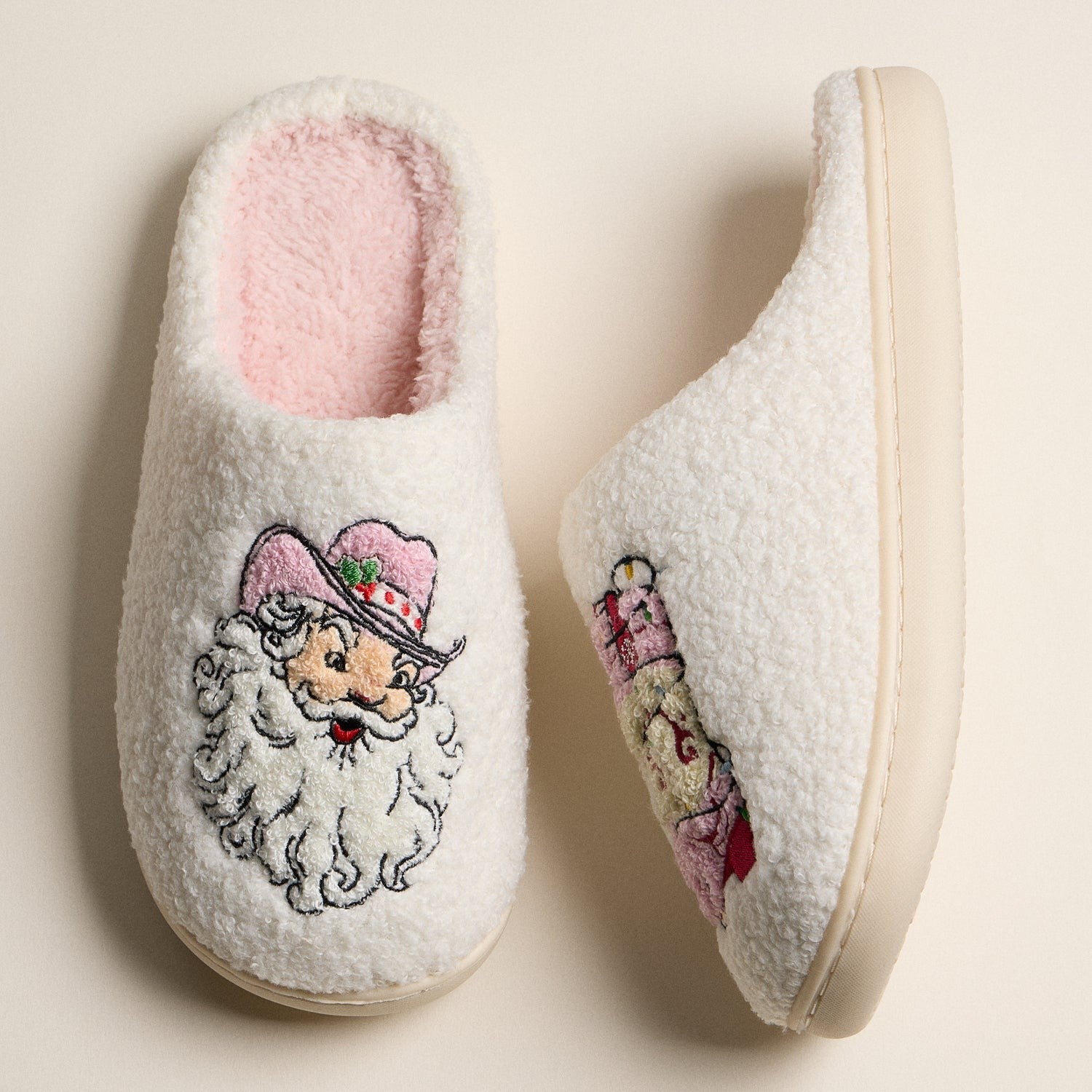 White slippers with pink Christmas Cowboy boots & Cowboy Santa