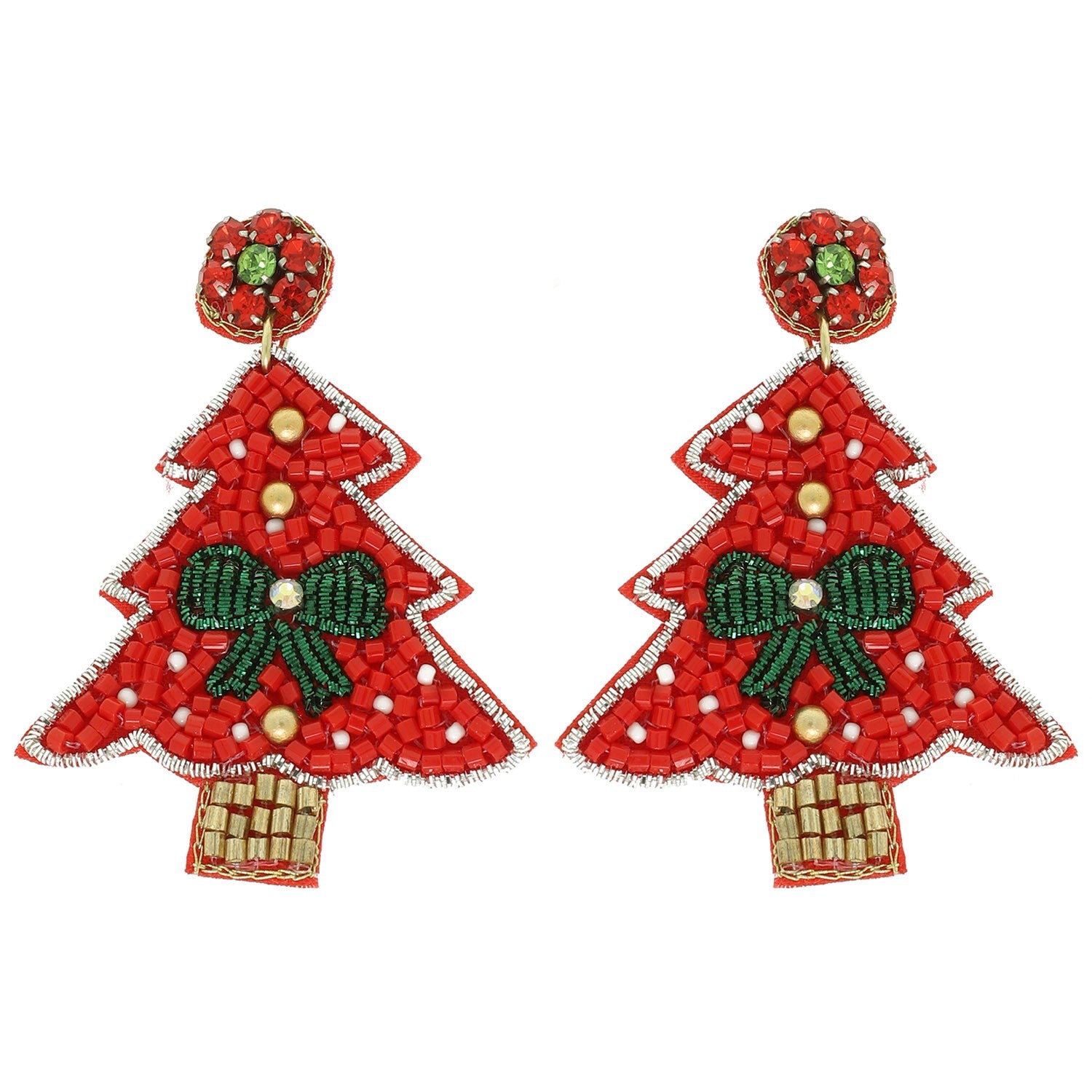 Red Jeweled Christmas Tree Earrings