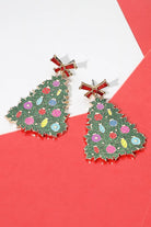 Bow Top Green Christmas Tree Earrings