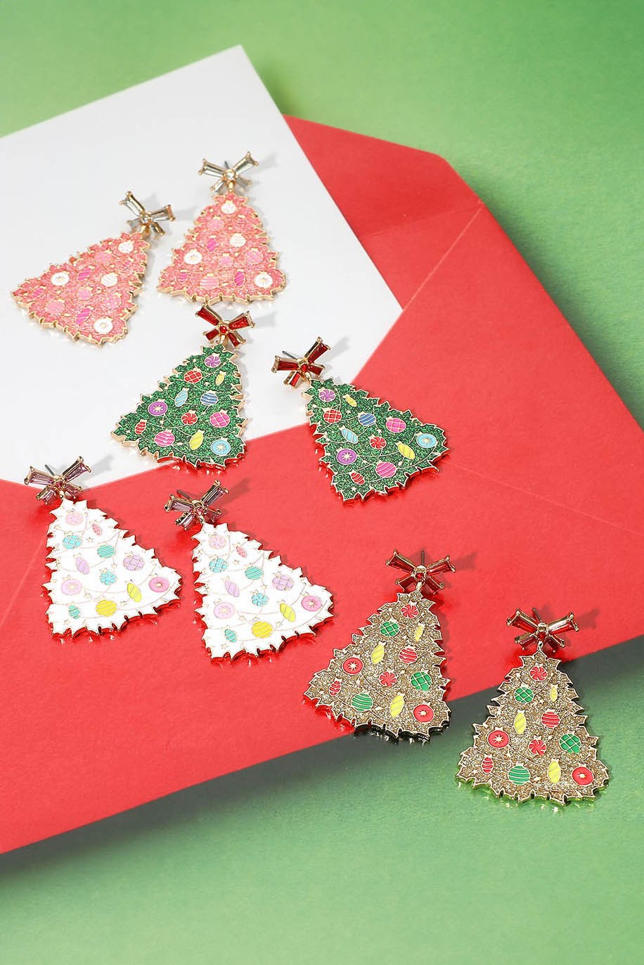 Bow Top Christmas Tree Earrings in a variety of colors