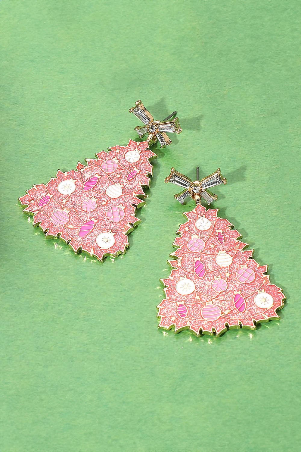 Bow Top Pink Christmas Tree Earrings