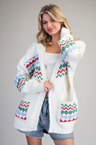 White sweater with Christmas Colored patterned designs Cardigan Sweater