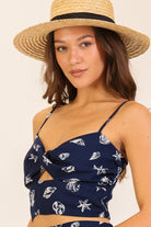 Navy Seashell Print Twist-front Crop Top