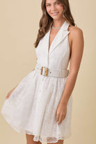 White Lace Halter Tuxedo Belted Dress