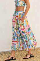 Multi colored Mediterranean Print Front Button Midi Skirt