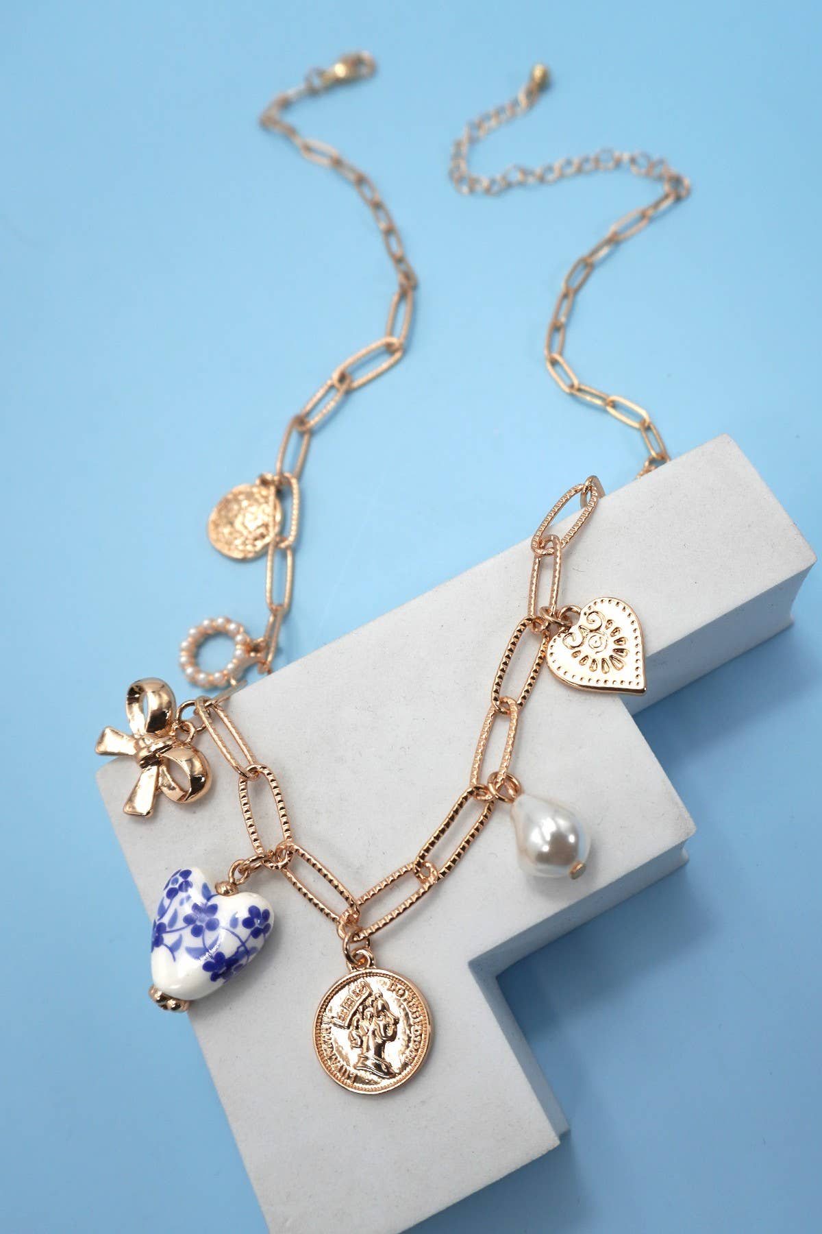 Chinoiserie Bow Heart Charm Necklace