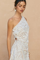 Cream & Taupe One-Shoulder Tropical Print Mini Dress