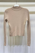 Camel Mock Neck Rib Top gold button detail on the sleeve