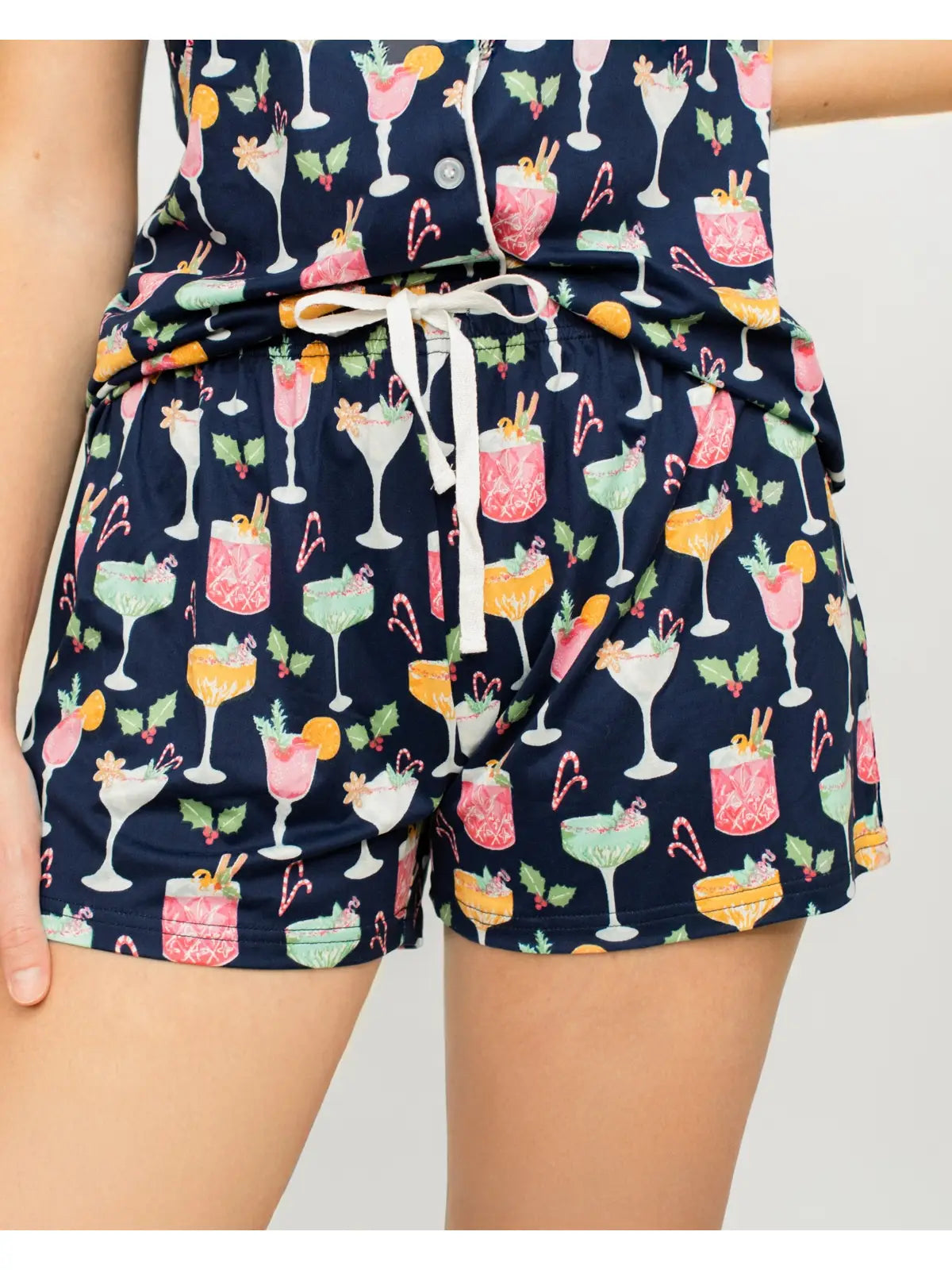 Navy "Fizz the Season" Short Sleeve/Short PJ Set with Christmas cocktails printed