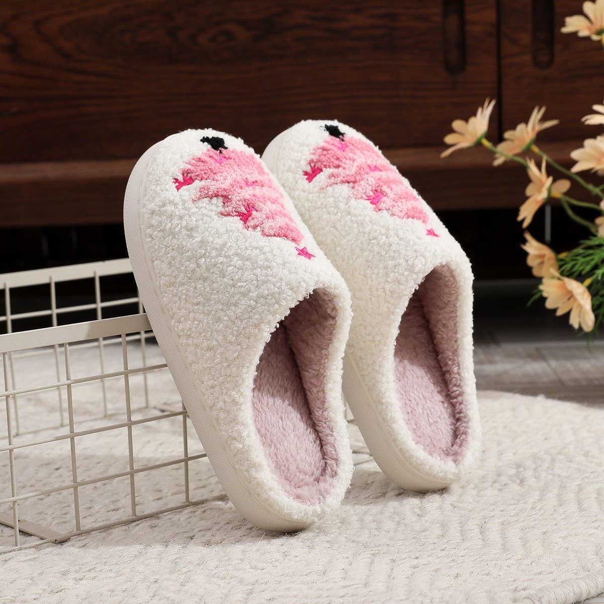 White slippers with Pink Christmas Trees
