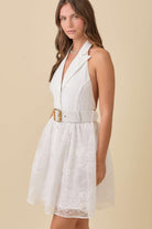 White Lace Halter Tuxedo Belted Dress