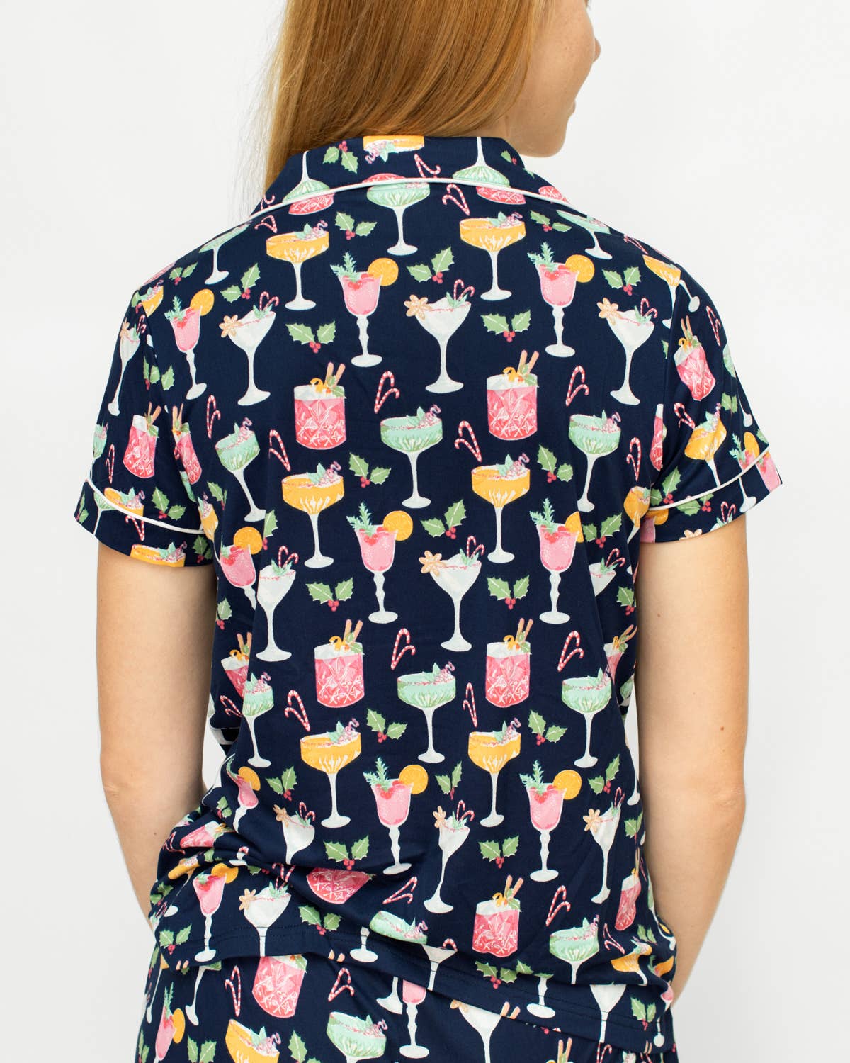 Navy "Fizz the Season" Short Sleeve/Short PJ Set with Christmas cocktails printed