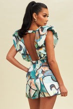 Load image into Gallery viewer, Abstract puff sleeve romper. plunging neck. open back. variety of green colors
