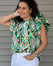 Load image into Gallery viewer, green multi color blouse abstract print peplum sleeves tie back bow

