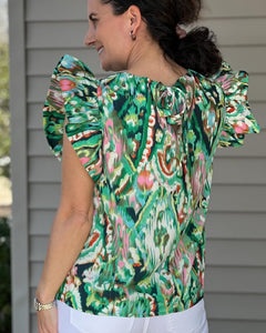 green multi color blouse abstract print peplum sleeves tie back bow