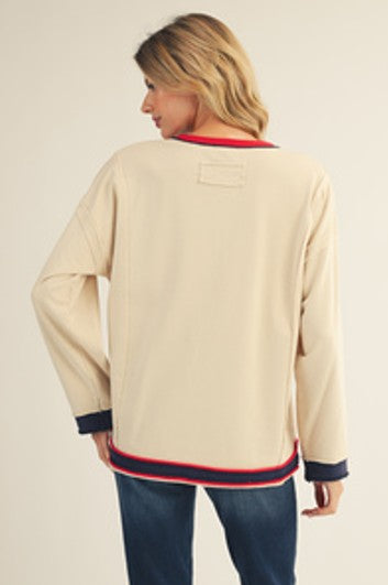 Cream Sweatshirt Navy/Red Trim