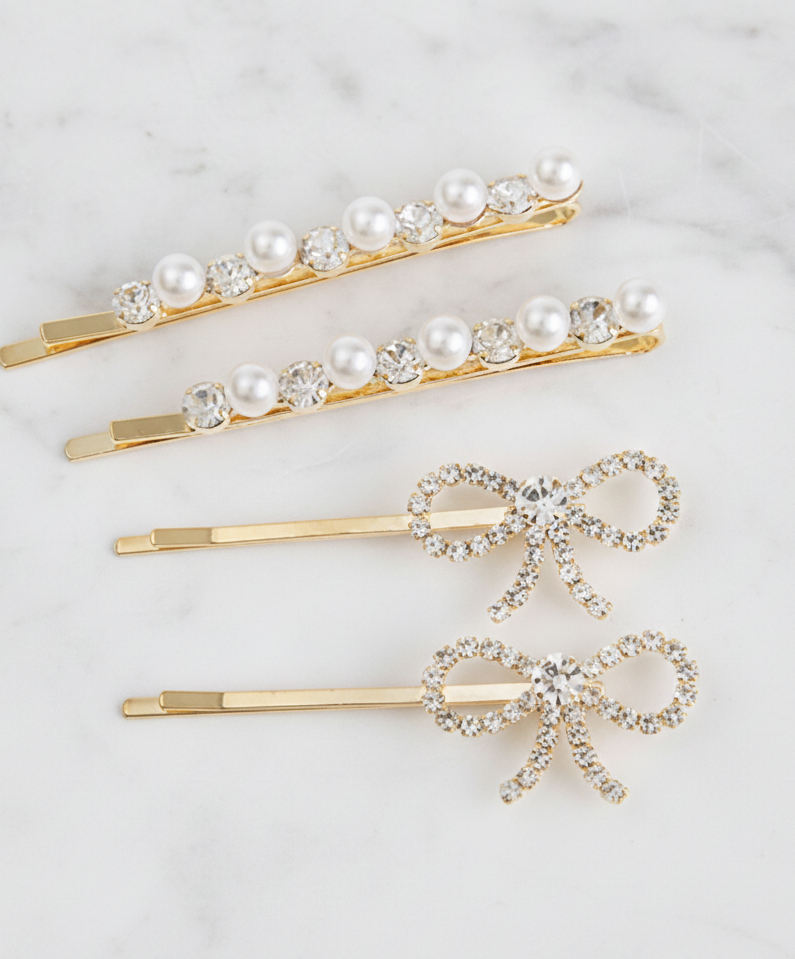 Gold Bow & Pearl Hair Pin Set