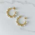 Gold & Pearl CZ Hoop Earrings