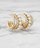 Gold Triple-Row Pearl and Crystal Hoops