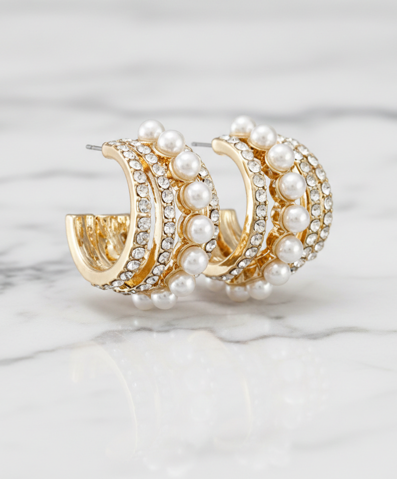 Gold Triple-Row Pearl and Crystal Hoops