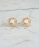Gold Filigree Flower Pearl Stud Earrings