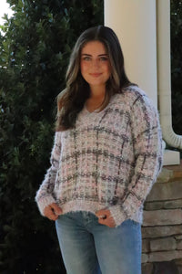 Gray & Pink V-Neck Sweater