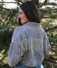 Load image into Gallery viewer, gray cropped corduroy jacket. rhinestone fringe on the back
