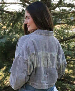 gray cropped corduroy jacket. rhinestone fringe on the back