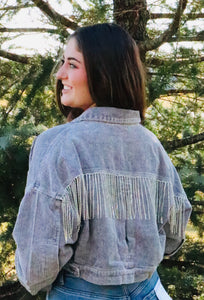 gray cropped corduroy jacket. rhinestone fringe on the back