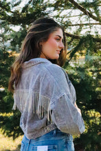 Load image into Gallery viewer, gray cropped corduroy jacket. rhinestone fringe on the back
