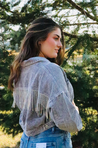 gray cropped corduroy jacket. rhinestone fringe on the back