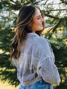 gray cropped corduroy jacket. rhinestone fringe on the back