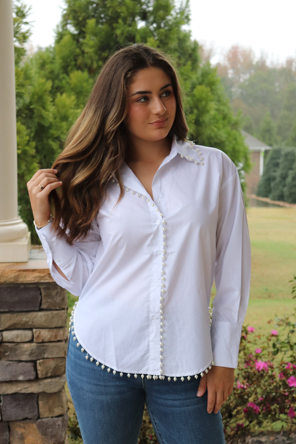 white dress blouse womens In the Details White/Pearl Blouse Medium