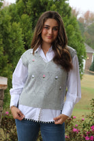 Gray Cable Knit Floral Sweater with white blouse with pearl accents