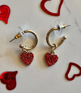 red Crystal Heart Huggie Hoops