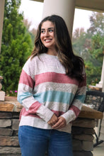 Load image into Gallery viewer, Dusty rose, light blue, cream Striped Lightweight Sweater
