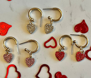 red, clear & pink Crystal Heart Huggie Hoops