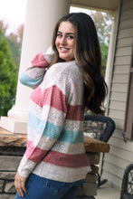 Load image into Gallery viewer, Dusty rose, light blue, cream Striped Lightweight Sweater
