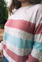 Load image into Gallery viewer, Dusty rose, light blue, cream Striped Lightweight Sweater
