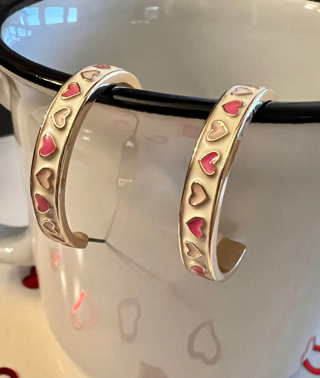 Pink & White Heart Pattern Enamel Hoops