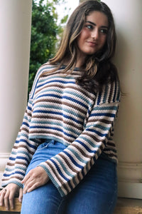  Striped Sweater navy, brown, taupe, beige, cropped, bell sleeve