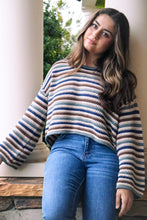 Load image into Gallery viewer,  Striped Sweater navy, brown, taupe, beige, cropped, bell sleeve
