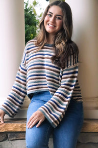  Striped Sweater navy, brown, taupe, beige, cropped, bell sleeve