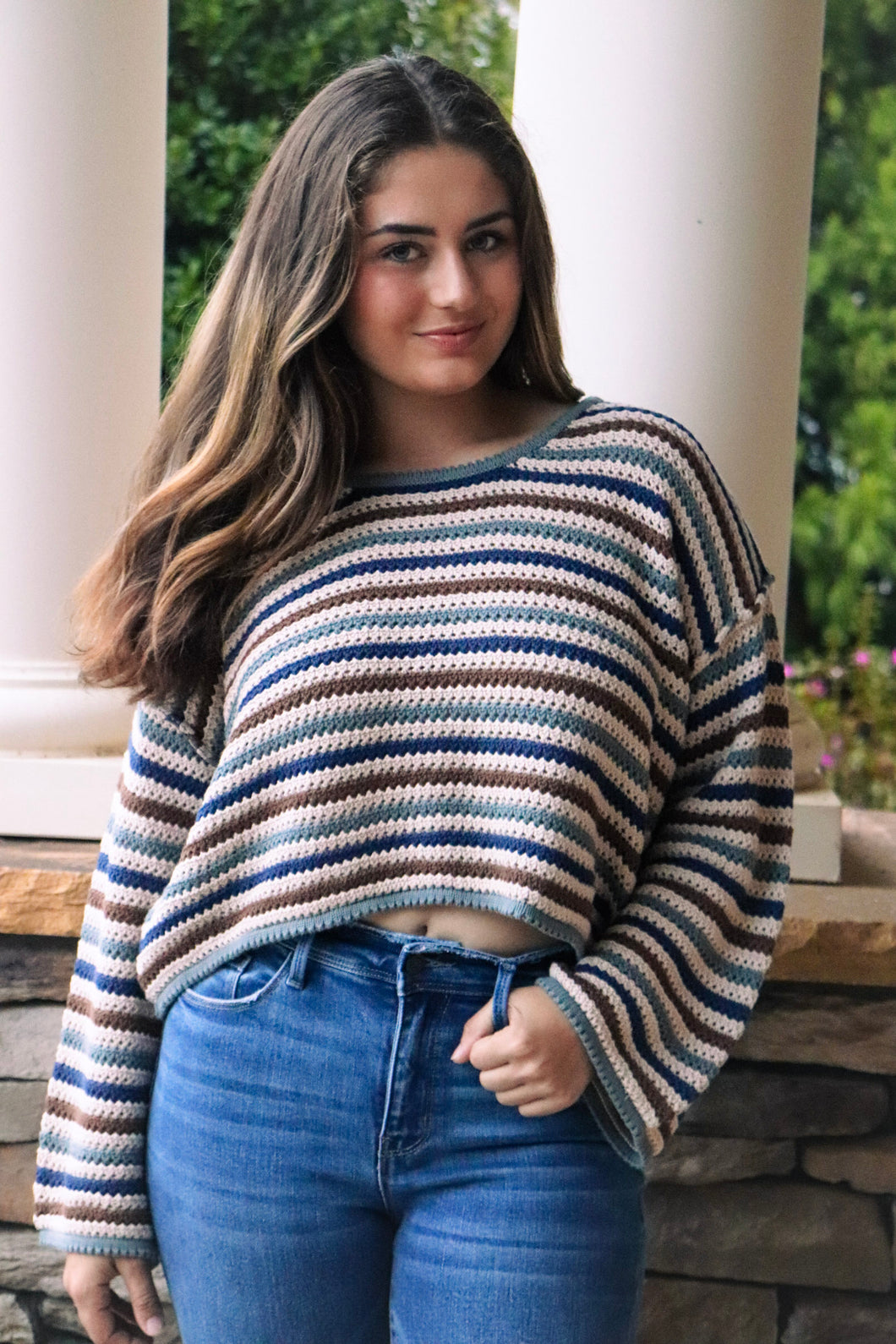  Striped Sweater navy, brown, taupe, beige, cropped, bell sleeve